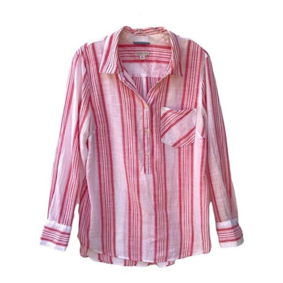 Merona Women’s Breezy Pink & White Stripped V-Neck Long Sleeve Tunic Size XL - Picture 1 of 6